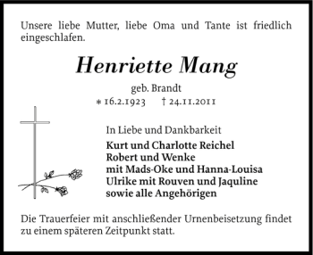 Traueranzeige von Henriette Mang von Schlei-Bote