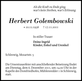 Traueranzeige von Herbert Golembowski von Schleswiger Nachrichten