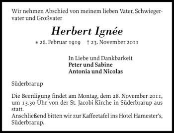 Traueranzeige von Herbert Ignée von Schleswiger Nachrichten