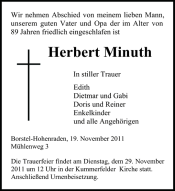 Traueranzeige von Herbert Minuth von Pinneberger Tageblatt