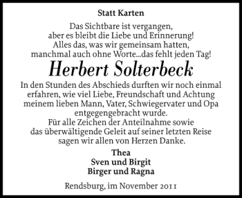 Traueranzeige von Herbert Solterbeck von Landeszeitung