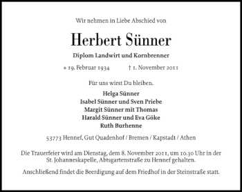 Traueranzeige von Herbert Sünner von Husumer Nachrichten