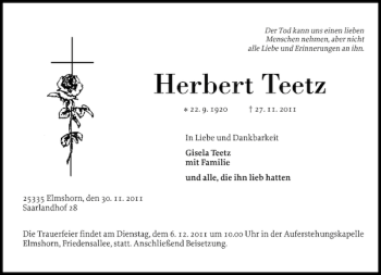 Traueranzeige von Herbert Teetz von Elmshorner Nachrichten