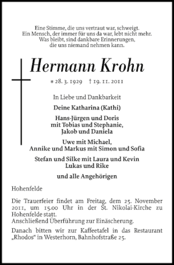 Traueranzeige von Hermann Krohn von Norddeutsche Rundschau