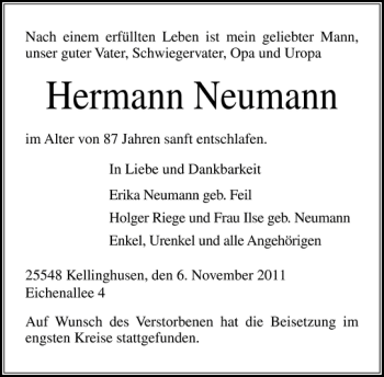 Traueranzeige von Hermann Neumann von Norddeutsche Rundschau