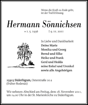 Traueranzeige von Hermann Sönnichsen von Nordfriesland Tageblatt