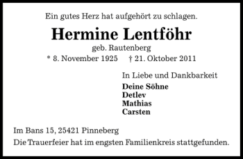 Traueranzeige von Hermine Lentföhr von Pinneberger Tageblatt