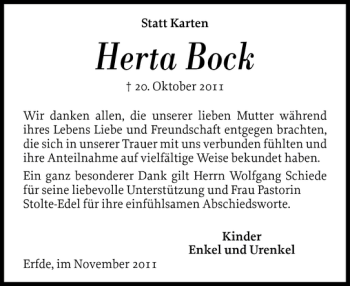 Traueranzeige von Herta Bock von Landeszeitung