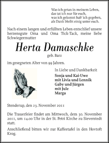 Traueranzeige von Herta Damaschke von Flensburger Tageblatt