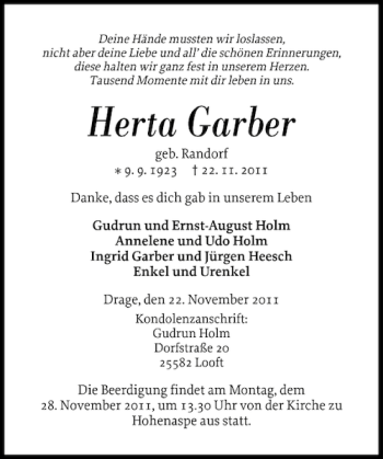 Traueranzeige von Herta Garber von Norddeutsche Rundschau