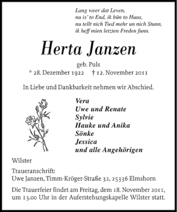 Traueranzeige von Herta Janzen von Norddeutsche Rundschau
