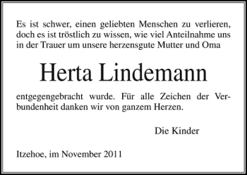 Traueranzeige von Herta Lindemann von Norddeutsche Rundschau