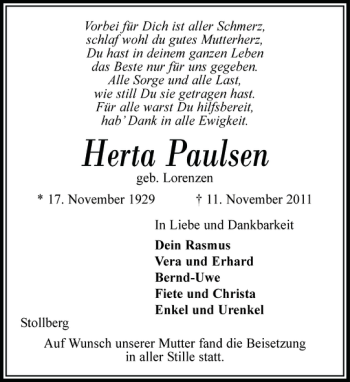 Traueranzeige von Herta Paulsen von Husumer Nachrichten