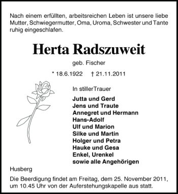 Traueranzeige von Herta Radszuweit von Holsteinischer Courier