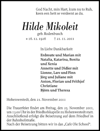 Traueranzeige von Hilde Mikoleit von Landeszeitung