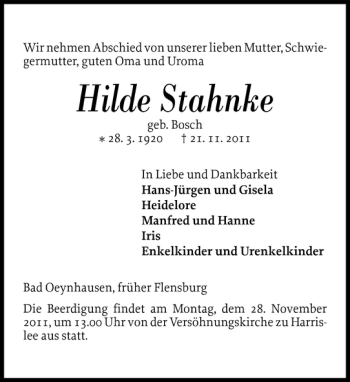 Traueranzeige von Hilde Stahnke von Flensburger Tageblatt