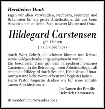 Traueranzeige von Hildegard Carstensen von Flensburger Tageblatt