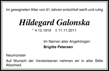 Traueranzeige von Hildegard Galonska von Holsteinischer Courier