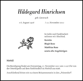 Traueranzeige von Hildegard Hinrichsen von Nordfriesland Tageblatt