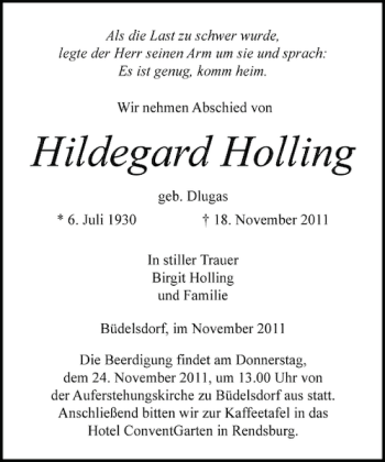 Traueranzeige von Hildegard Holling von Landeszeitung