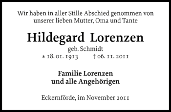 Traueranzeige von Hildegard Lorenzen von Eckernförder Zeitung