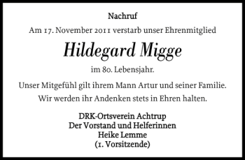 Traueranzeige von Hildegard Migge von Nordfriesland Tageblatt