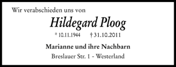 Traueranzeige von Hildegard Ploog von Sylter Rundschau