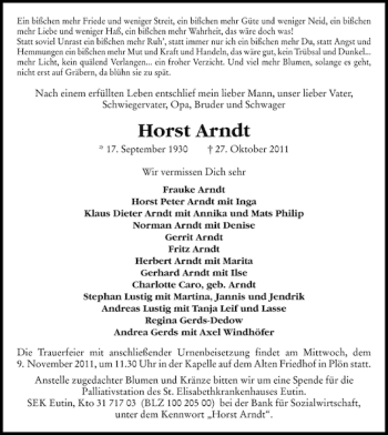 Traueranzeige von Horst Arndt von Ostholsteiner Anzeiger
