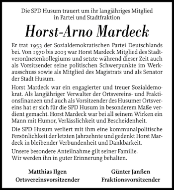 Traueranzeige von Horst-Arno Mardeck von Husumer Nachrichten