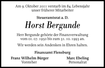 Traueranzeige von Horst Bergunde von Flensburger Tageblatt