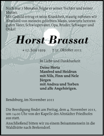 Traueranzeige von Horst Brassat von Landeszeitung