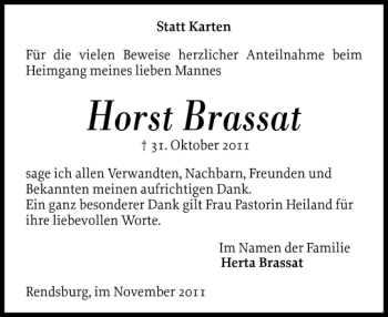 Traueranzeige von Horst Brassat von Landeszeitung
