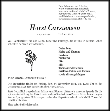Traueranzeige von Horst Carstensen von Nordfriesland Tageblatt