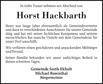 Traueranzeige von Horst Hackbarth von Elmshorner Nachrichten
