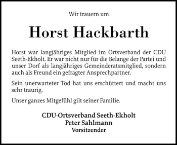 Traueranzeige von Horst Hackbarth von Elmshorner Nachrichten