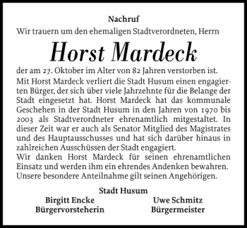 Traueranzeige von Horst Mardeck von Husumer Nachrichten