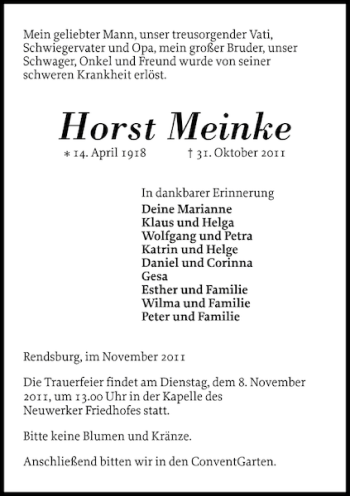 Traueranzeige von Horst Meinke von Landeszeitung