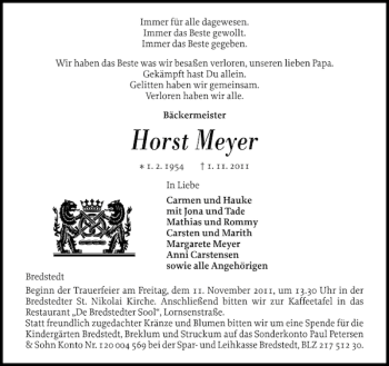 Traueranzeige von Horst Meyer von Husumer Nachrichten
