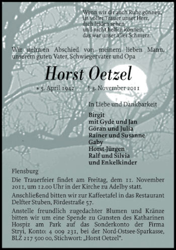 Traueranzeige von Horst Oetzel von Flensburger Tageblatt