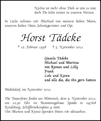 Traueranzeige von Horst Tädcke von Landeszeitung