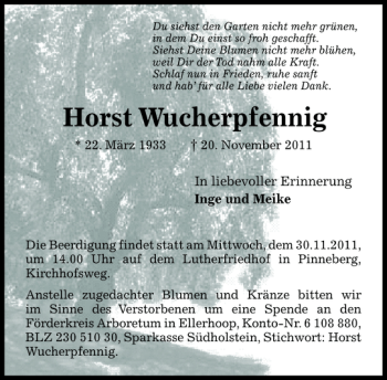 Traueranzeige von Horst Wucherpfennig von Pinneberger Tageblatt
