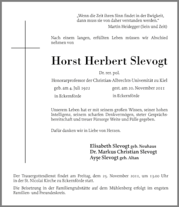 Traueranzeige von Horst Herbert Slevogt von Eckernförder Zeitung