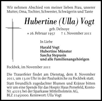 Traueranzeige von Hubertine Ulla Vogt von Landeszeitung