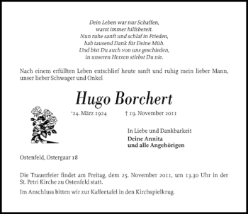 Traueranzeige von Hugo Borchert von Husumer Nachrichten