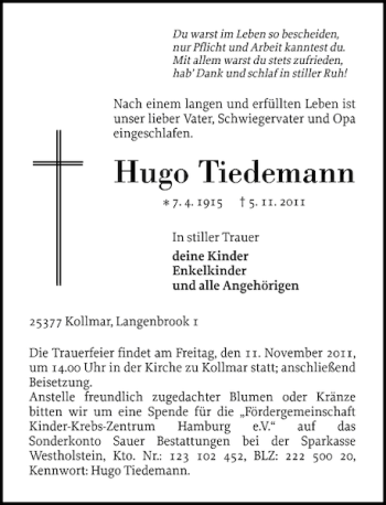 Traueranzeige von Hugo Tiedemann von Norddeutsche Rundschau