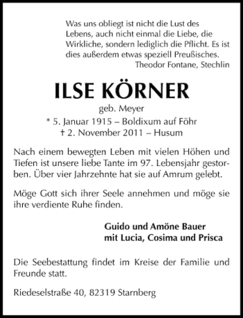 Traueranzeige von ILSE KÖRNER von Der Insel-Bote