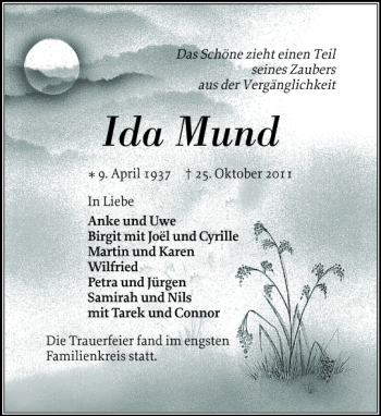 Traueranzeige von Ida Mund von Norddeutsche Rundschau