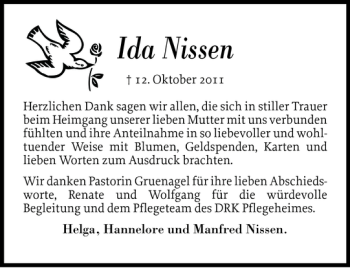 Traueranzeige von Ida Nissen von Sylter Rundschau