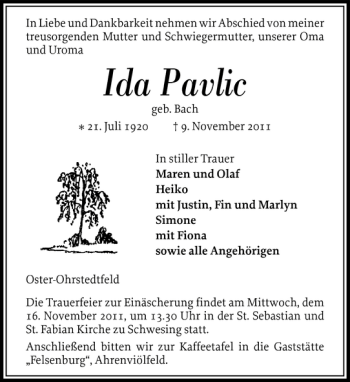 Traueranzeige von Ida Pavlic von Husumer Nachrichten