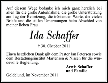 Traueranzeige von Ida Schaffer von Husumer Nachrichten